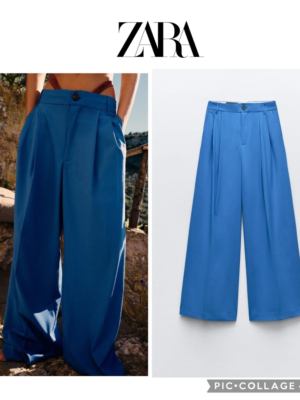 ZARA High Waist Oversized Blue Wide-Leg Pleated Trousers
